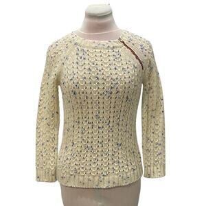 FREE PEOPLE Cream Blue Open Knit Sweater XSMALL Wool Blend Zip Pullover Coastal
